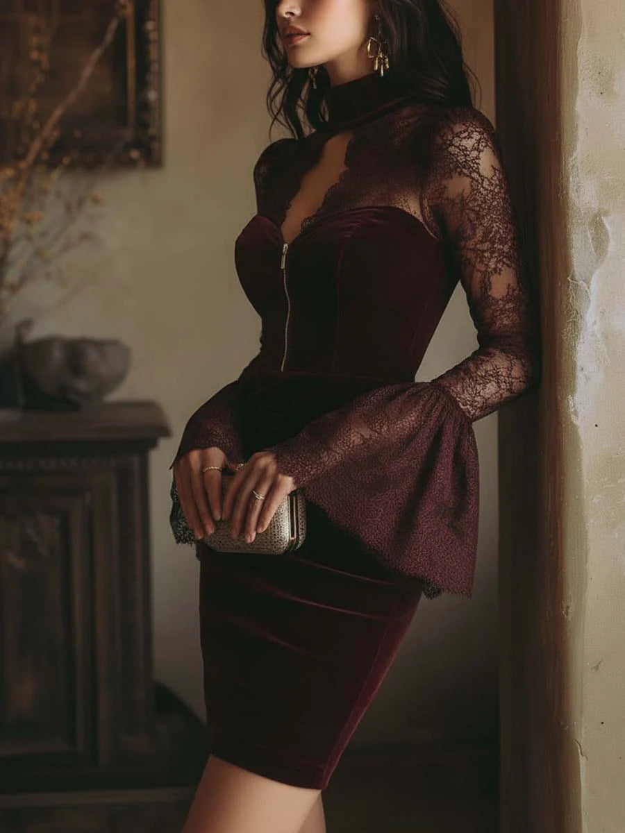 TAMSIN VELVET &amp; LACE BODYCON MINI DRESS IN BORDEAUX