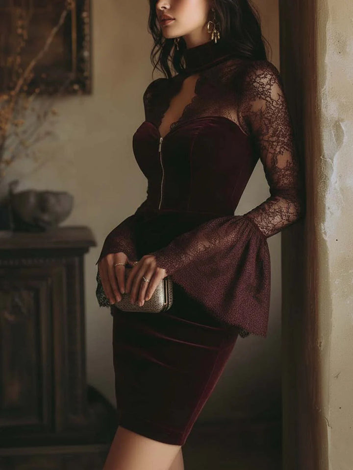 TAMSIN VELVET &amp; LACE BODYCON MINI DRESS IN BORDEAUX
