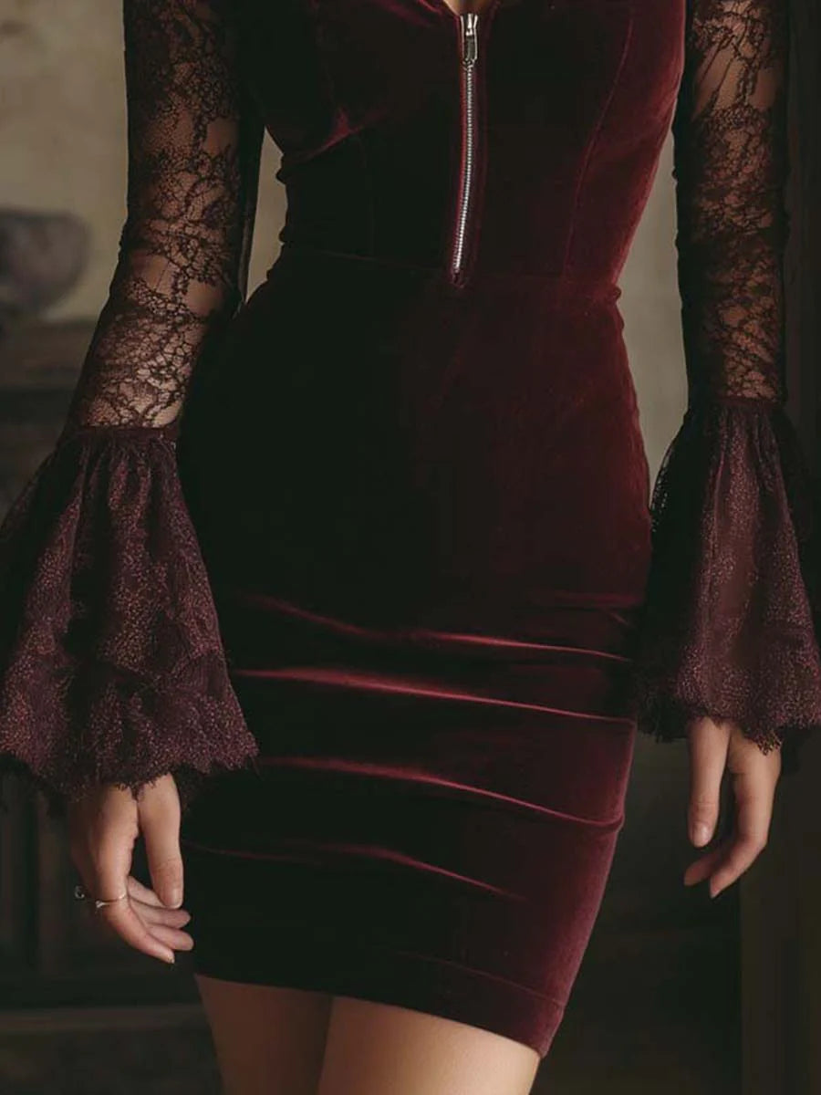 TAMSIN VELVET &amp; LACE BODYCON MINI DRESS IN BORDEAUX