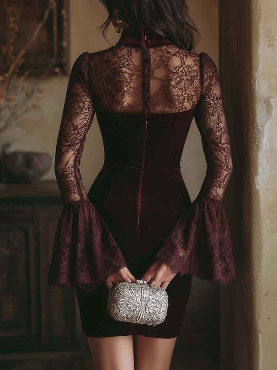 TAMSIN VELVET &amp; LACE BODYCON MINI DRESS IN BORDEAUX
