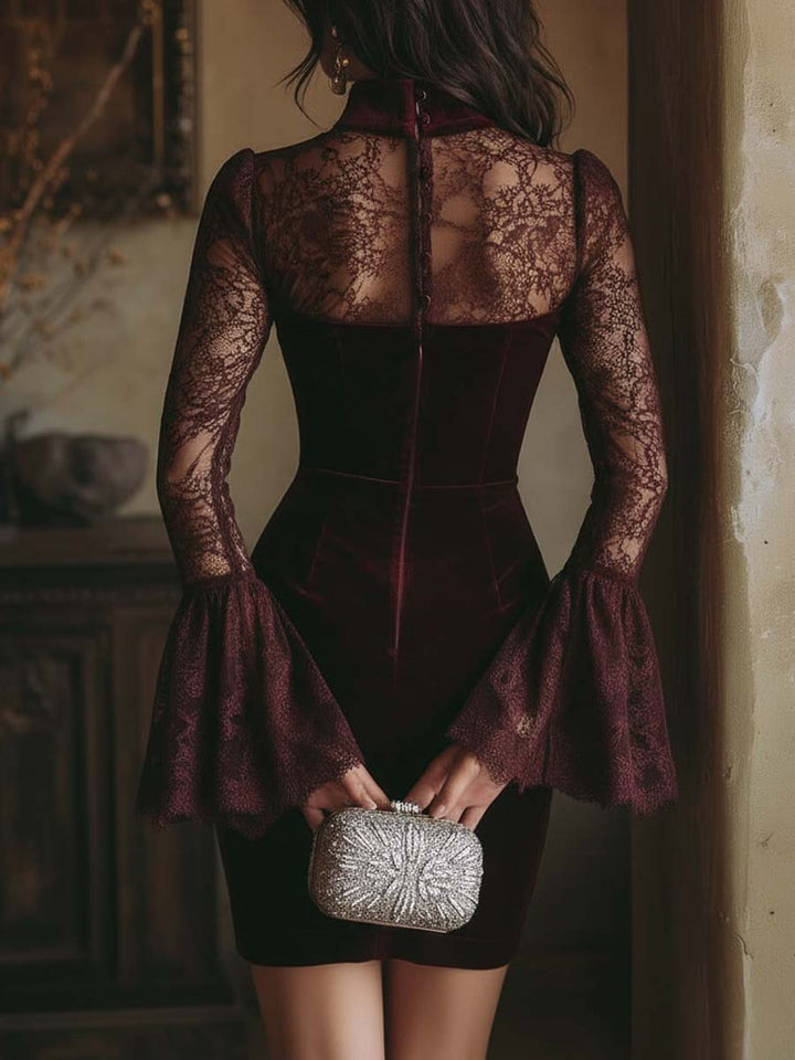 TAMSIN VELVET &amp; LACE BODYCON MINI DRESS IN BORDEAUX