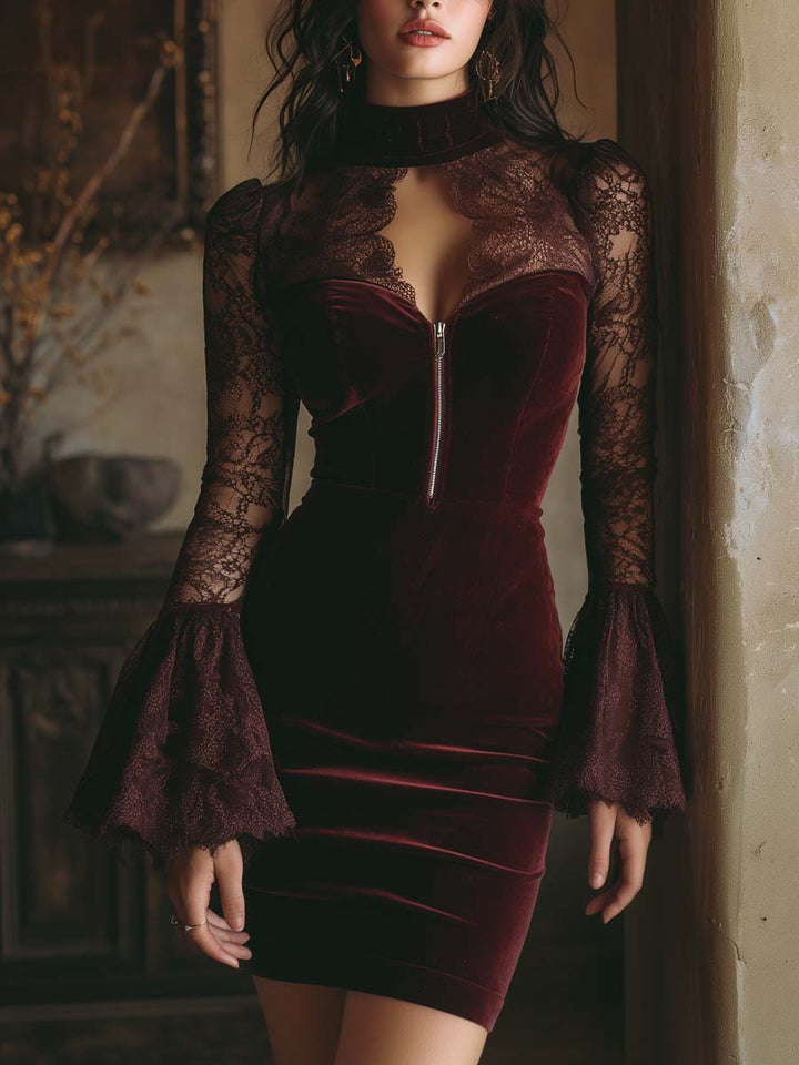TAMSIN VELVET &amp; LACE BODYCON MINI DRESS IN BORDEAUX