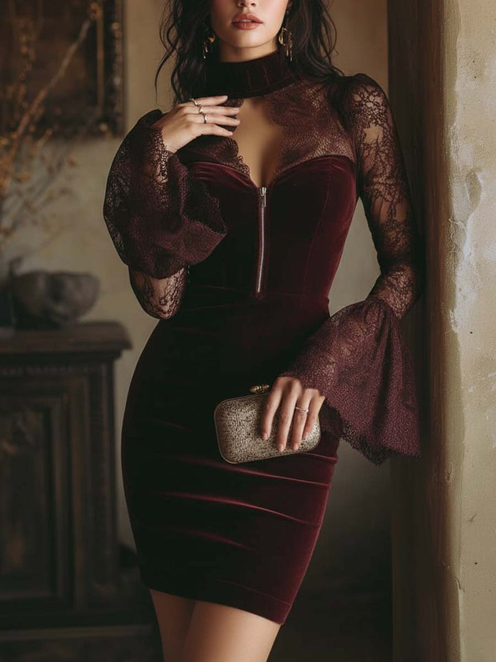 TAMSIN VELVET &amp; LACE BODYCON MINI DRESS IN BORDEAUX