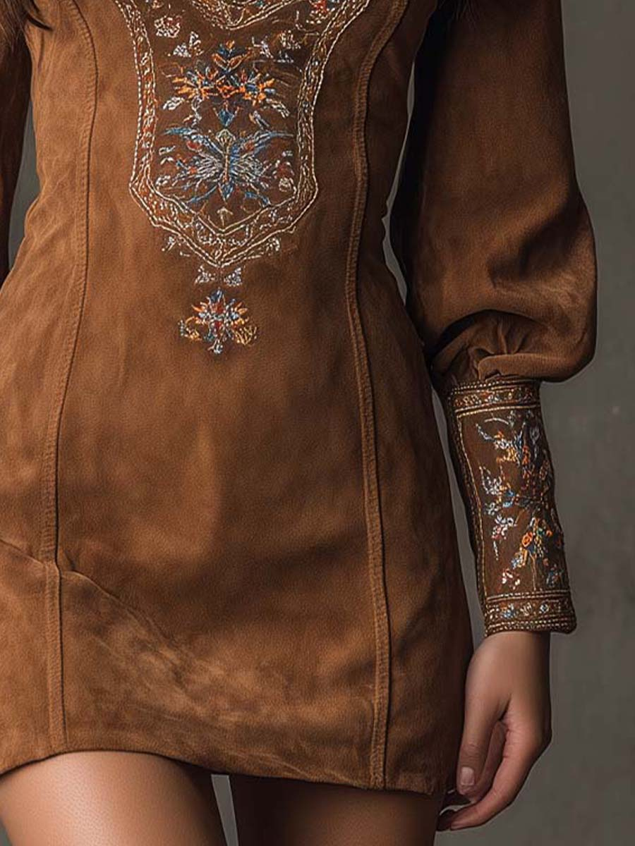 IZOLDA VINTAGE BROWN V-NECK SUEDE EMBROIDERED MINI DRESS