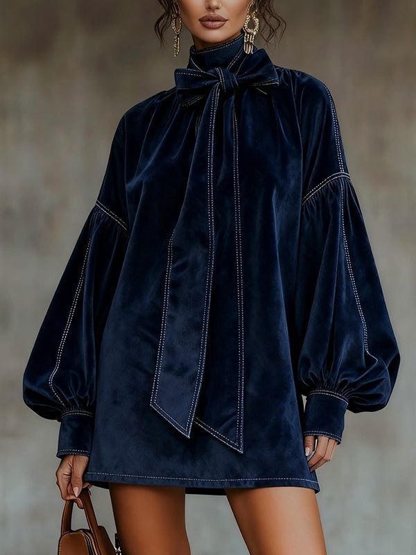 LIORA DARK BLUE VELVET MINI DRESS WITH BOW AND LANTERN SLEEVES