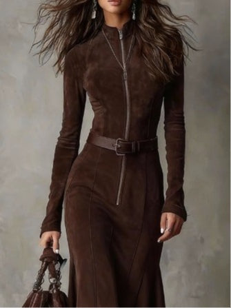 Roweno | Brown Vintage Zipper Belted Midi Dress (Includes belt)