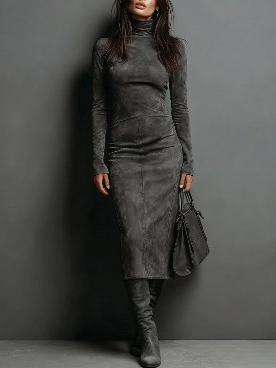 Seraphina | High Neck Long Sleeve Suede Midi Dress