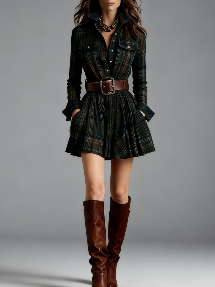 ZINNIA VINTAGE LAPEL RED AND BROWN PLAID MINI DRESS (INCLUDES BELT)